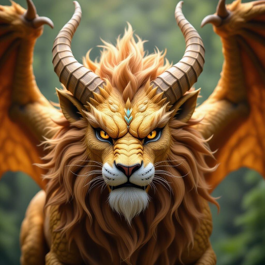 Majestic Dragon-Lion Hybrid Head with Golden Mane