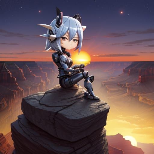A cute chibi robot with a brilliant sunset sitting on a rock and looking at the Grand Canyon. Luis Royo