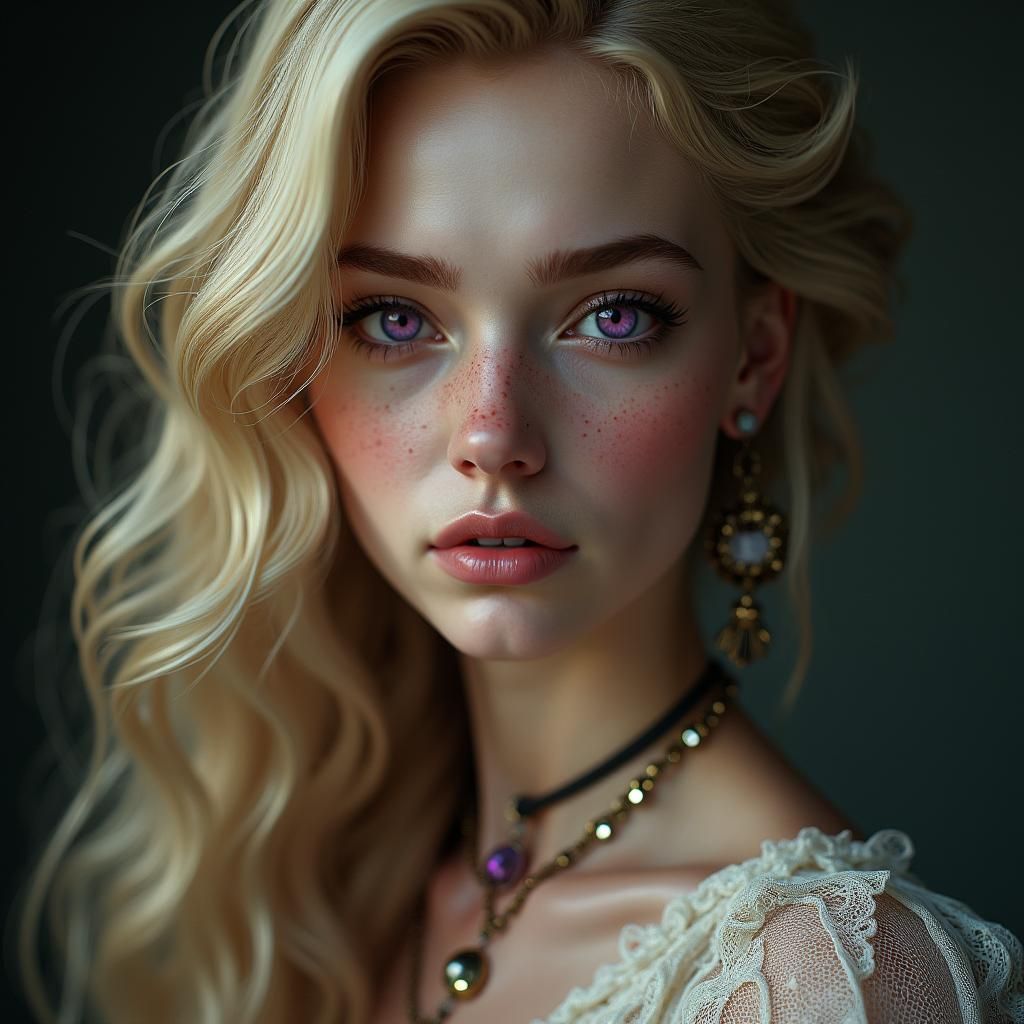 Realistic Portrait of Woman with Blonde Hair and Purple Eyes