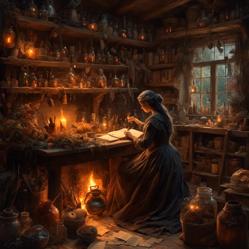 Apothecary Room with Forest Witch Writing Notes