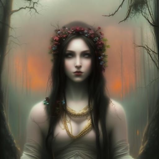 Ethereal Gothic Aries Young lady with Long black hair with Red highlights& Green eyes& Red &black eyeshadow & Black lips...