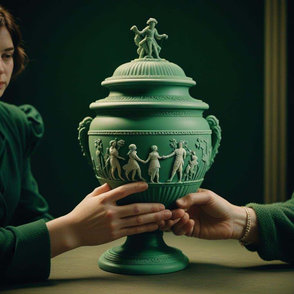 Ethereal Jasperware Urn in Cinematic Film Still Style