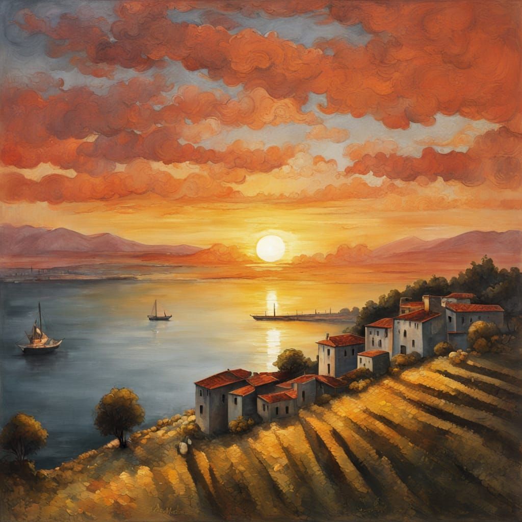 Beautiful Sunset in Antonello da Messina Style