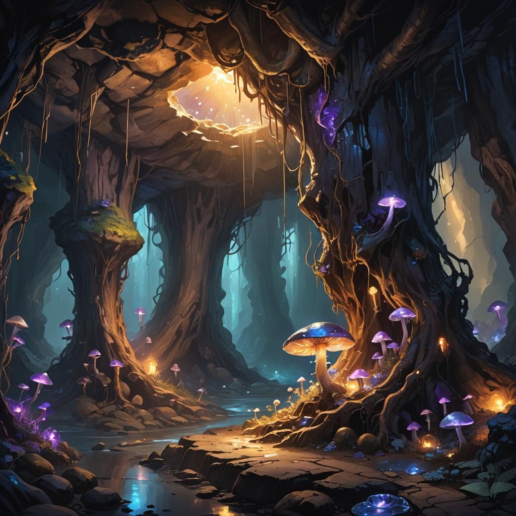 Glowing Crystal Cave in Dark Fantasy Style
