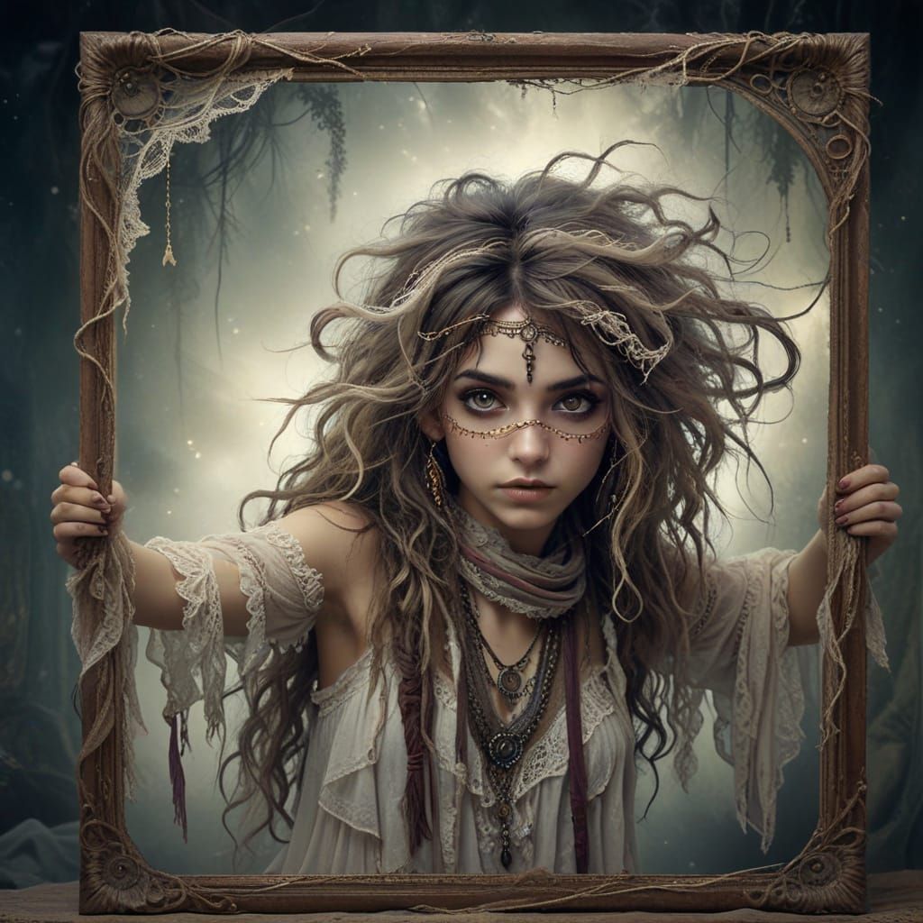 Mischievous Bohemian Girl Leaning Out of Frame