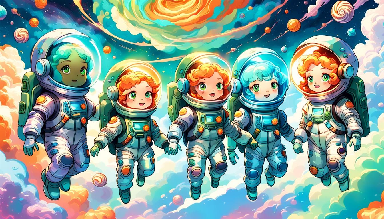 Whimsical Cartoon Art: Children in Spacesuits