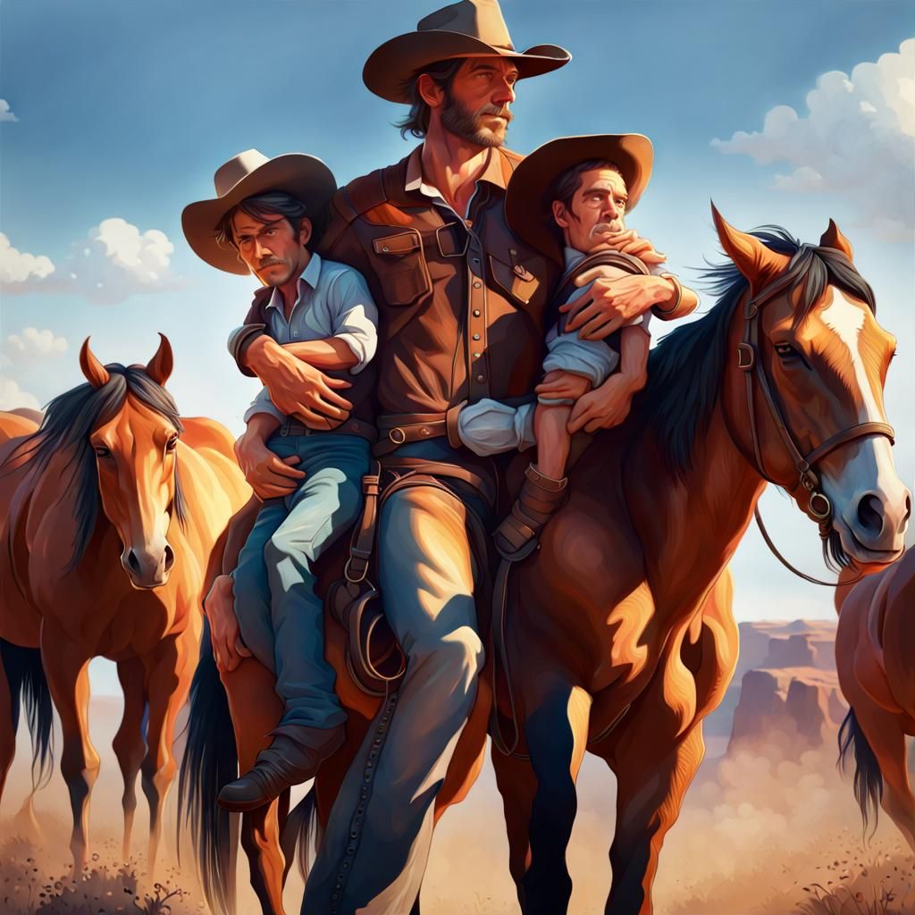 Cowboy Carries Horses in Digital Illustration