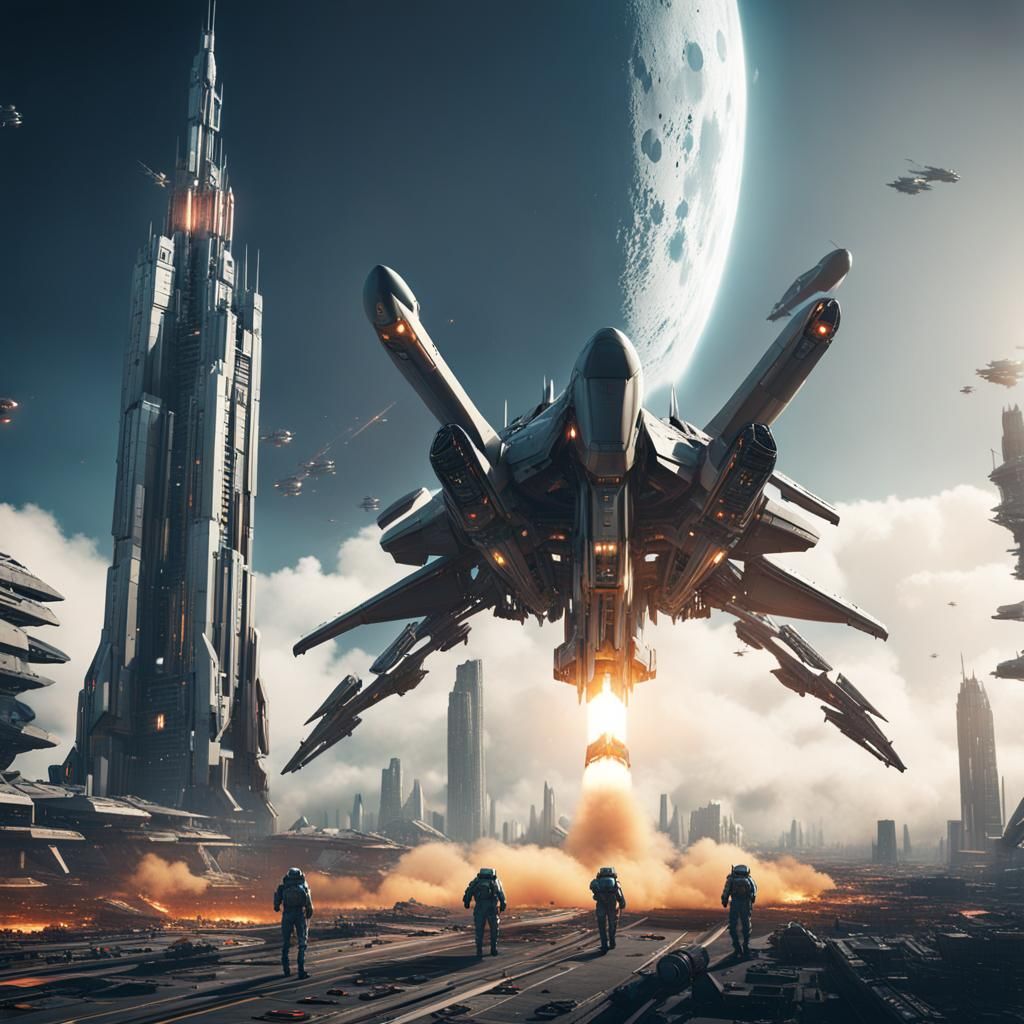 Futuristic Cityscape with Lunar Impact, Sci-Fi Render