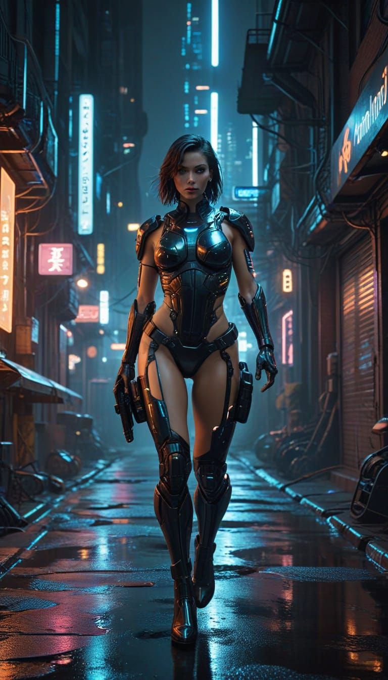 Cyberpunk Enforcers Patrol Neon City Alleyway
