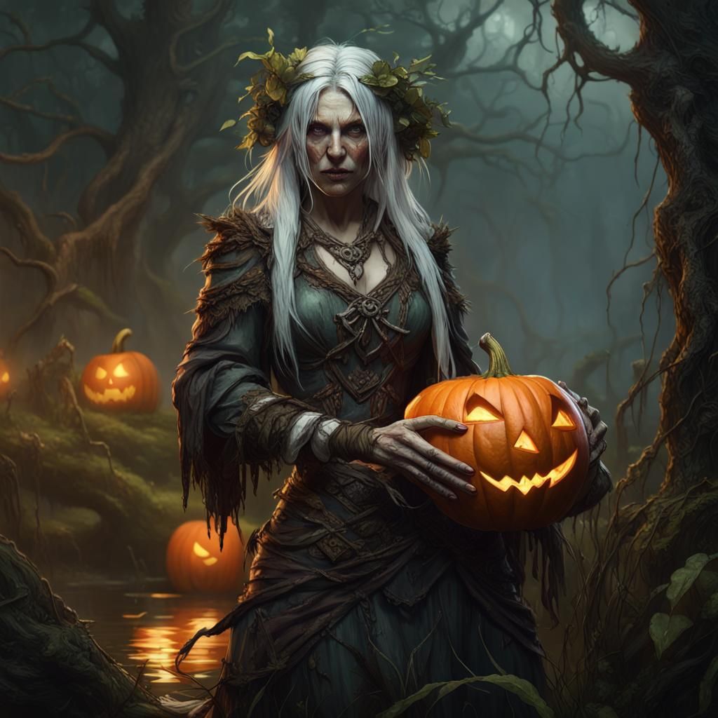 Dark Druid with Pumpkin, Dark Fantasy Concept Art