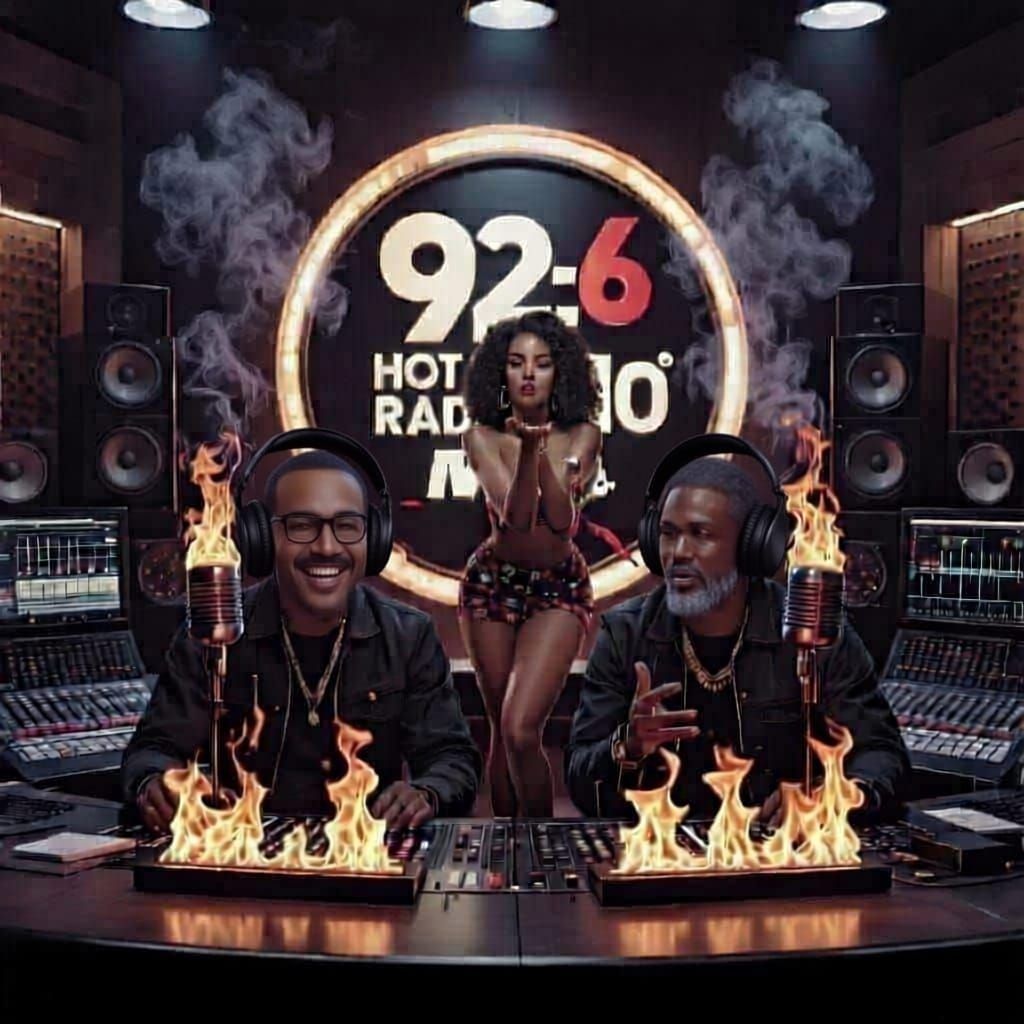 Dynamic Radio Studio with Flaming Mics and DJ Duo