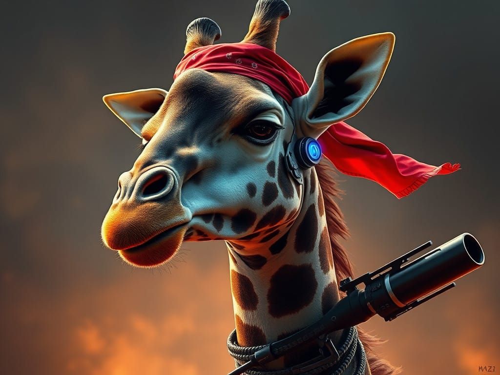 Cybernetic Giraffe Warlord in Epic, Surreal Landscape