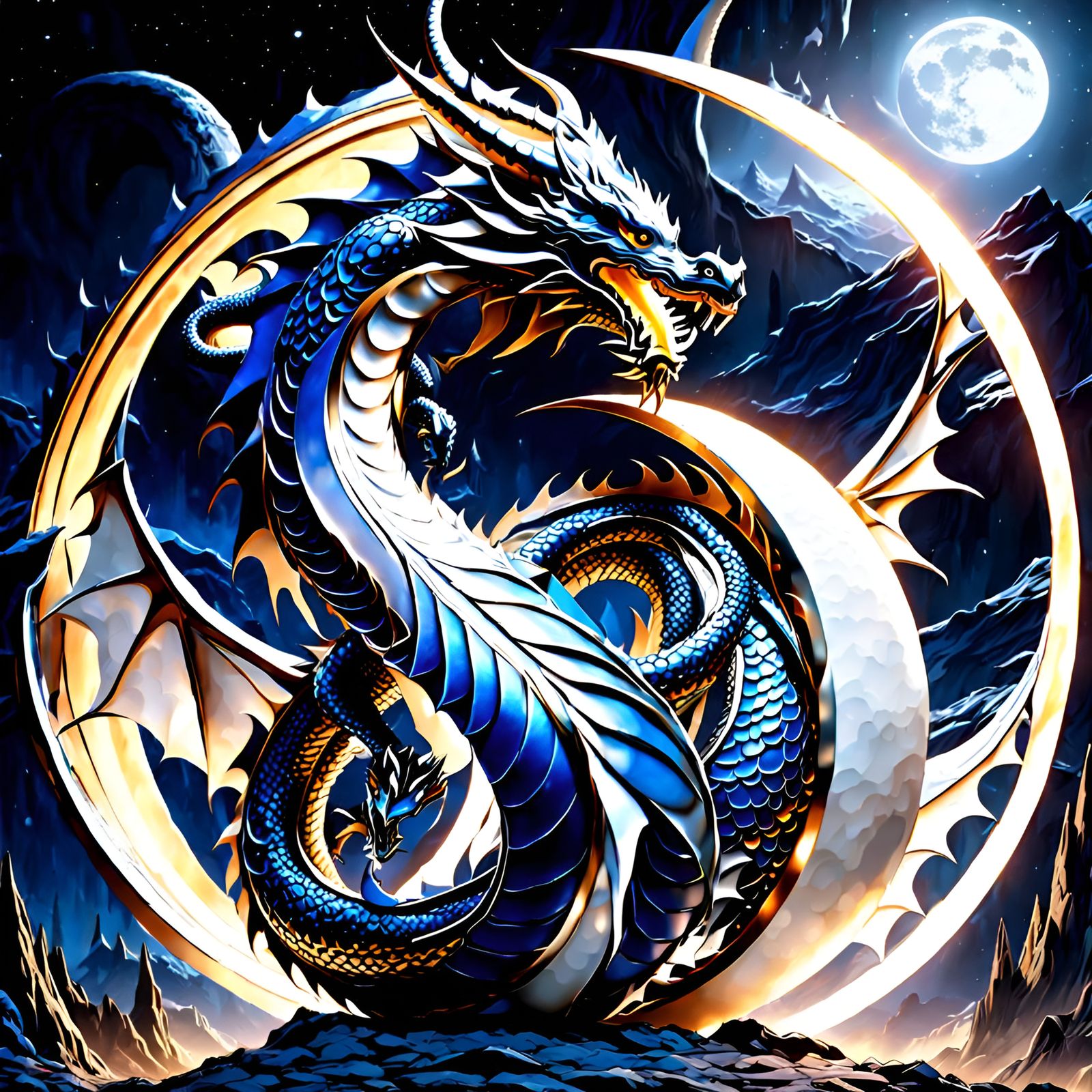 Dragon Embracing Moon in Spiral: Hyperdetailed Concept Art