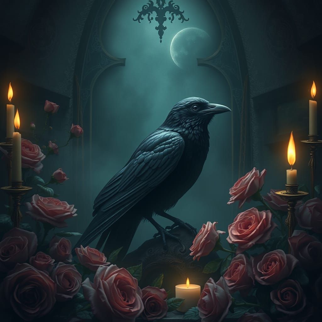 Mystical Raven with Roses and Candles in Dim Chamber