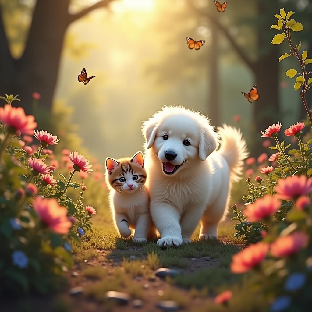 Puppy and Kitten in Whimsical Garden: Matte Painting