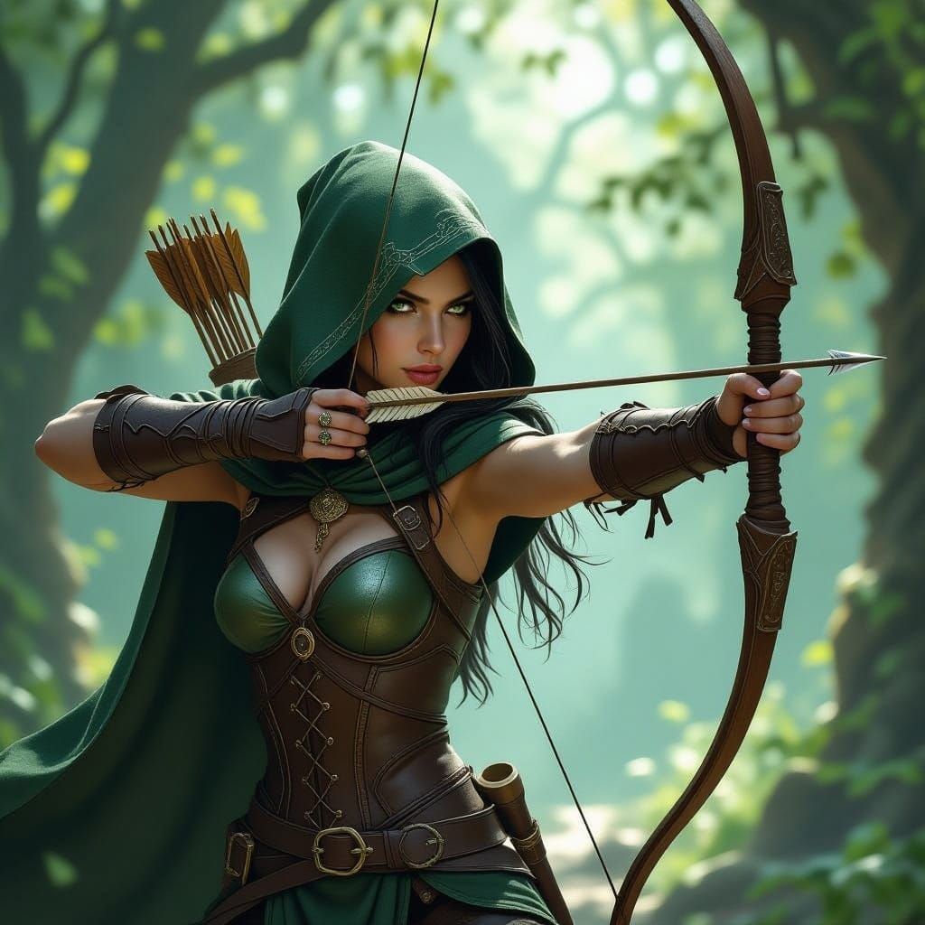 Elf Archer in Forest, Ready to Shoot