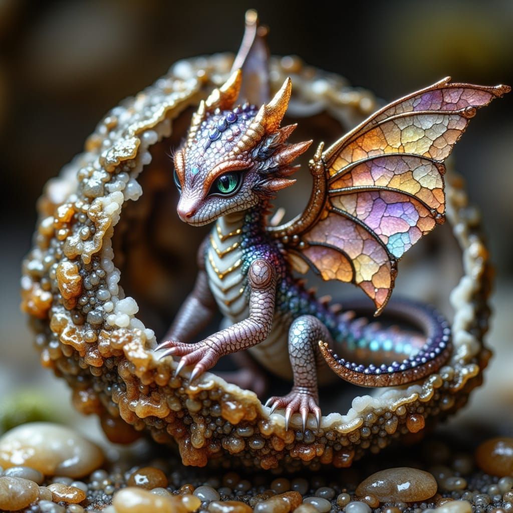 Vibrant Baby Dragon Emerges from Glittering Geode in Iridesc...