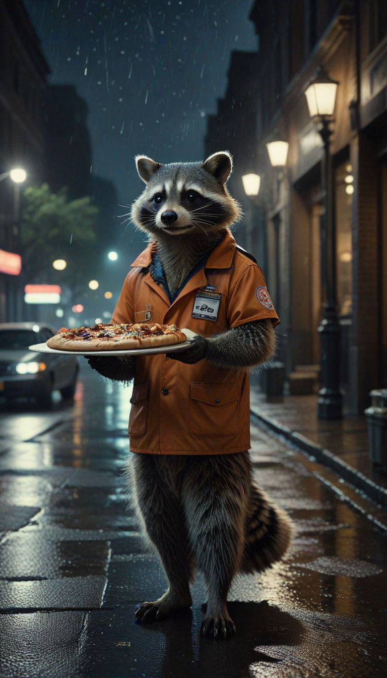 Anthropomorphic Raccoon Delivers Pizza in a Cinematic Citysc...