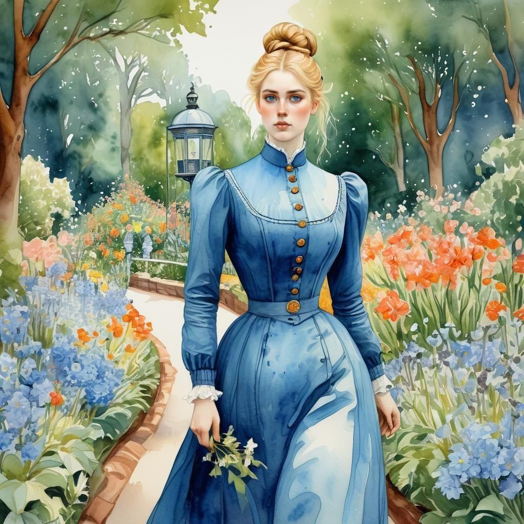 Victorian Beauty in a Botanical Garden, Watercolor Style