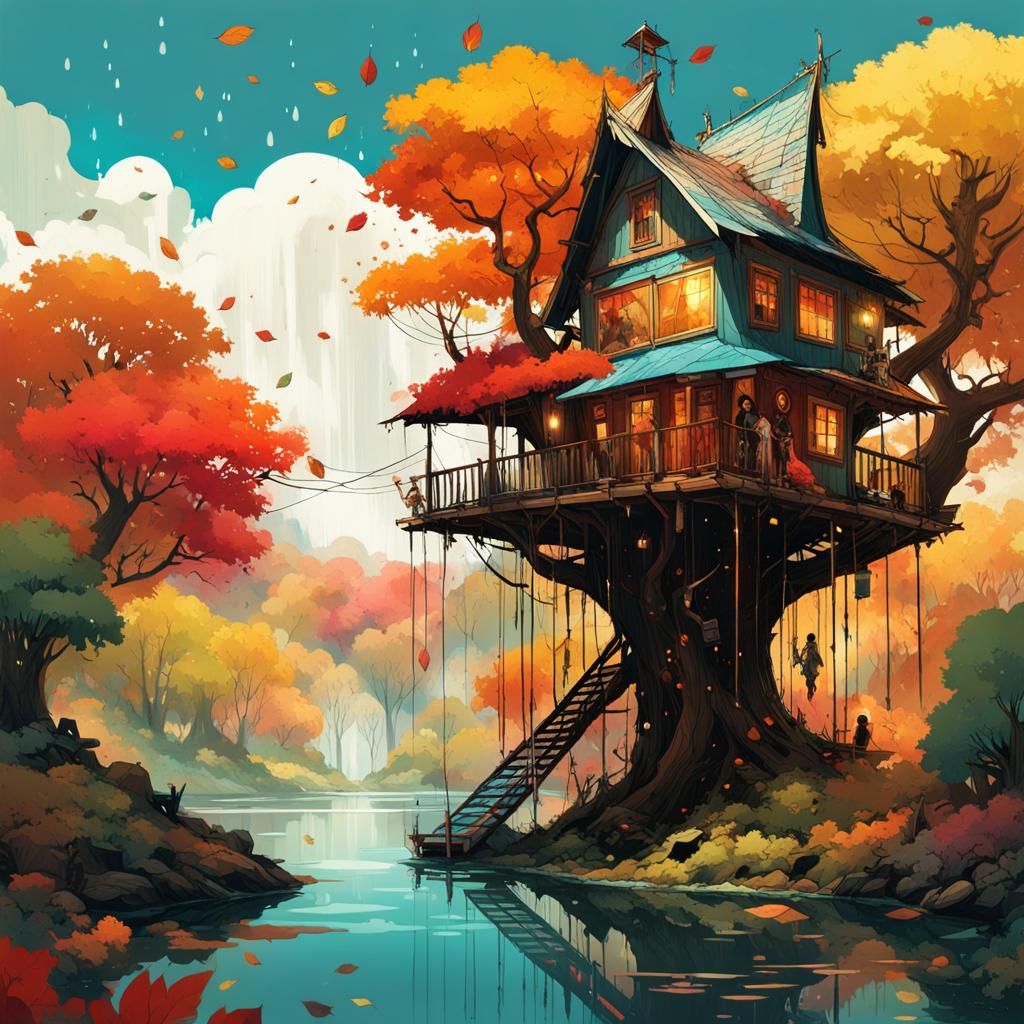 Colorful Treehouse Scene in Detailed Digital Art