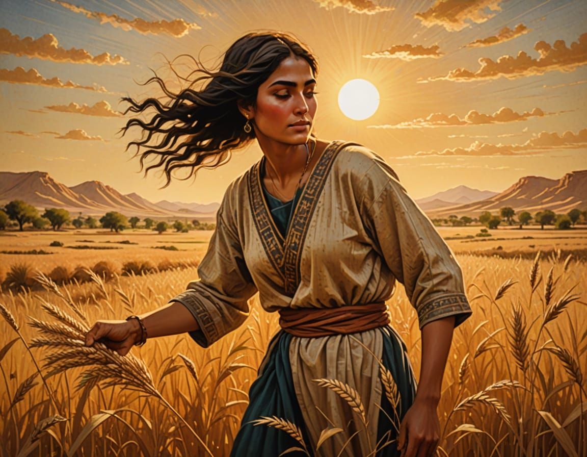 Moabite Woman Gathering Oats in Mesopotamian Style