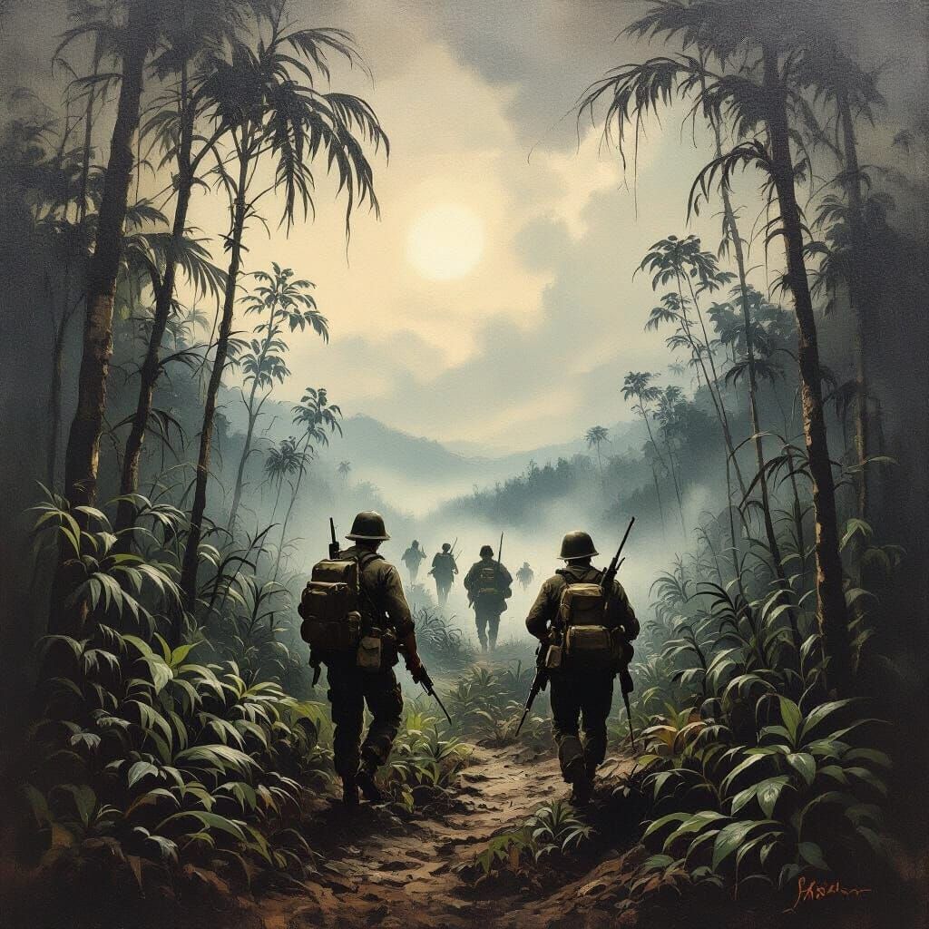 Vietnam War Oil Painting of Jungle Conflict