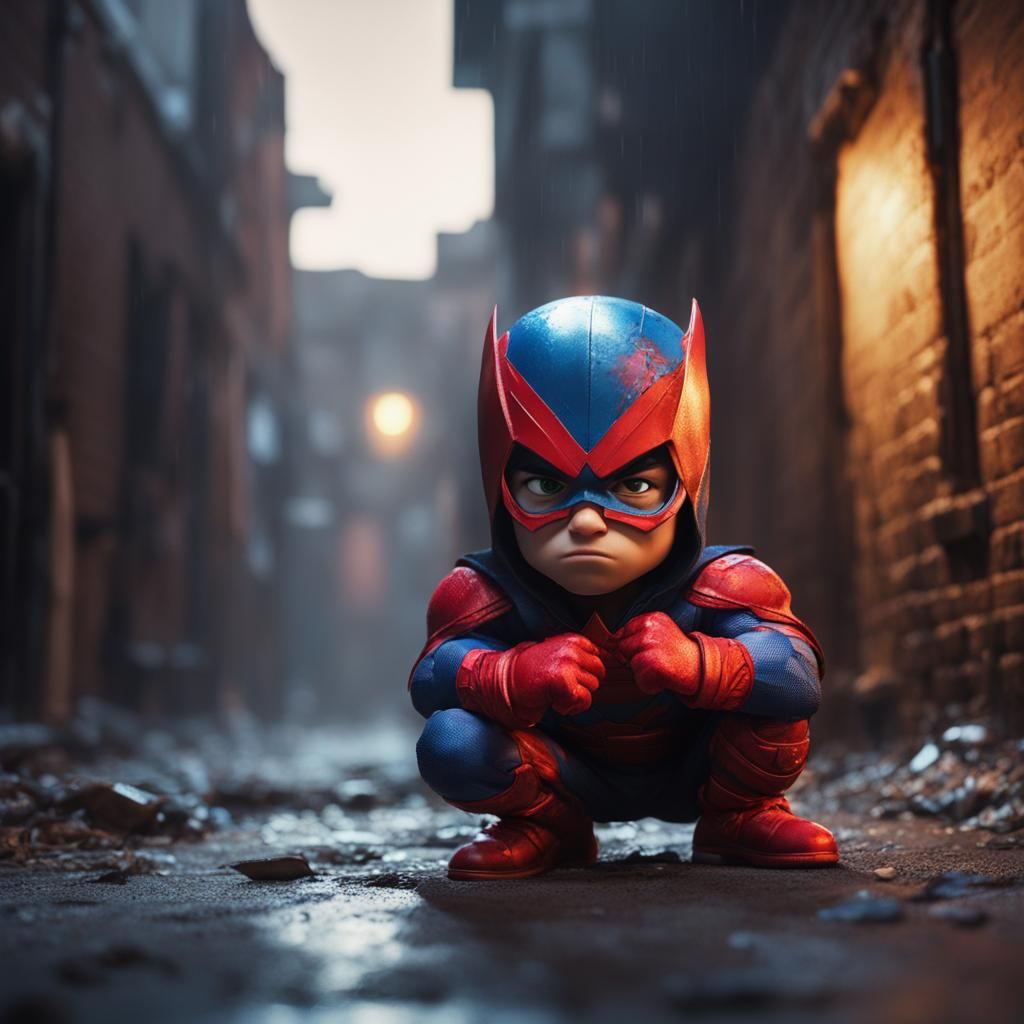 Gritty Chibi Superhero in Hyperrealistic CGI Style