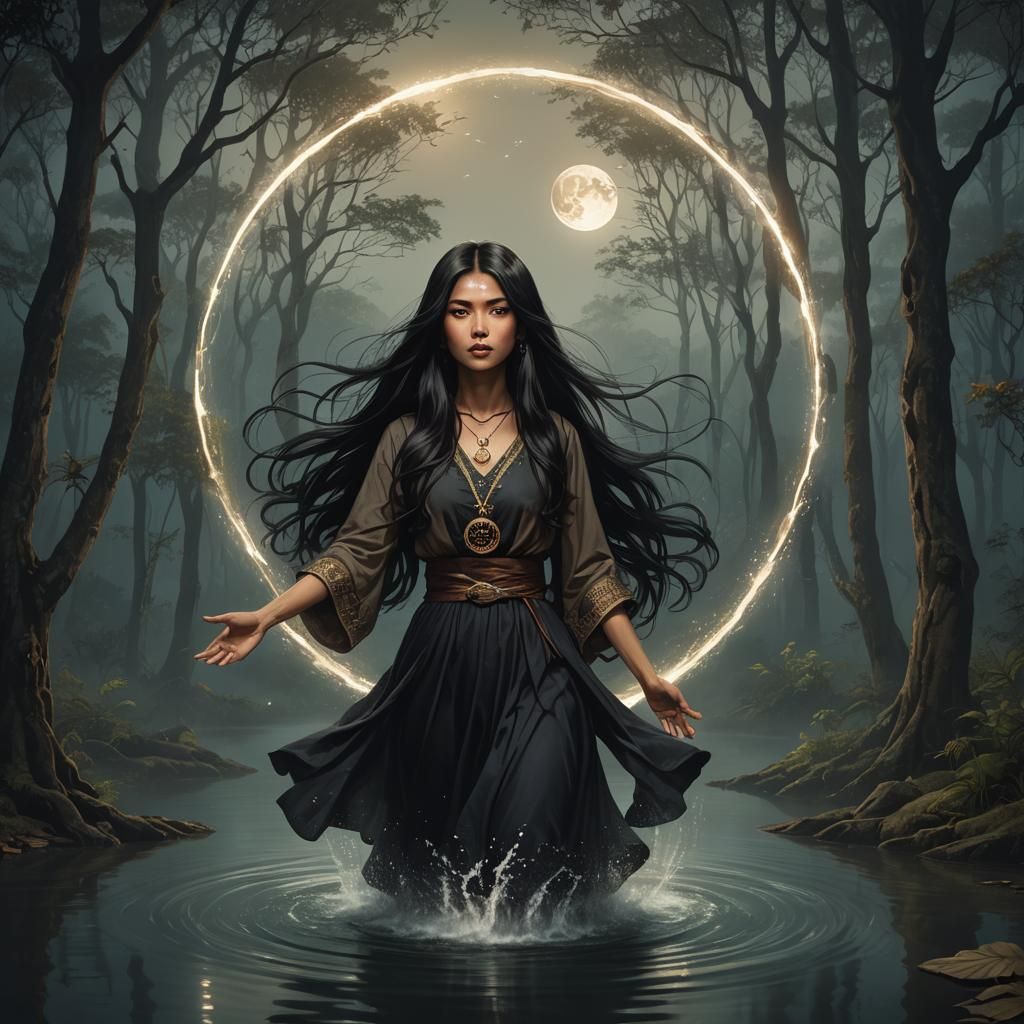 Southeast Asian Witch Levitation Under Full Moon