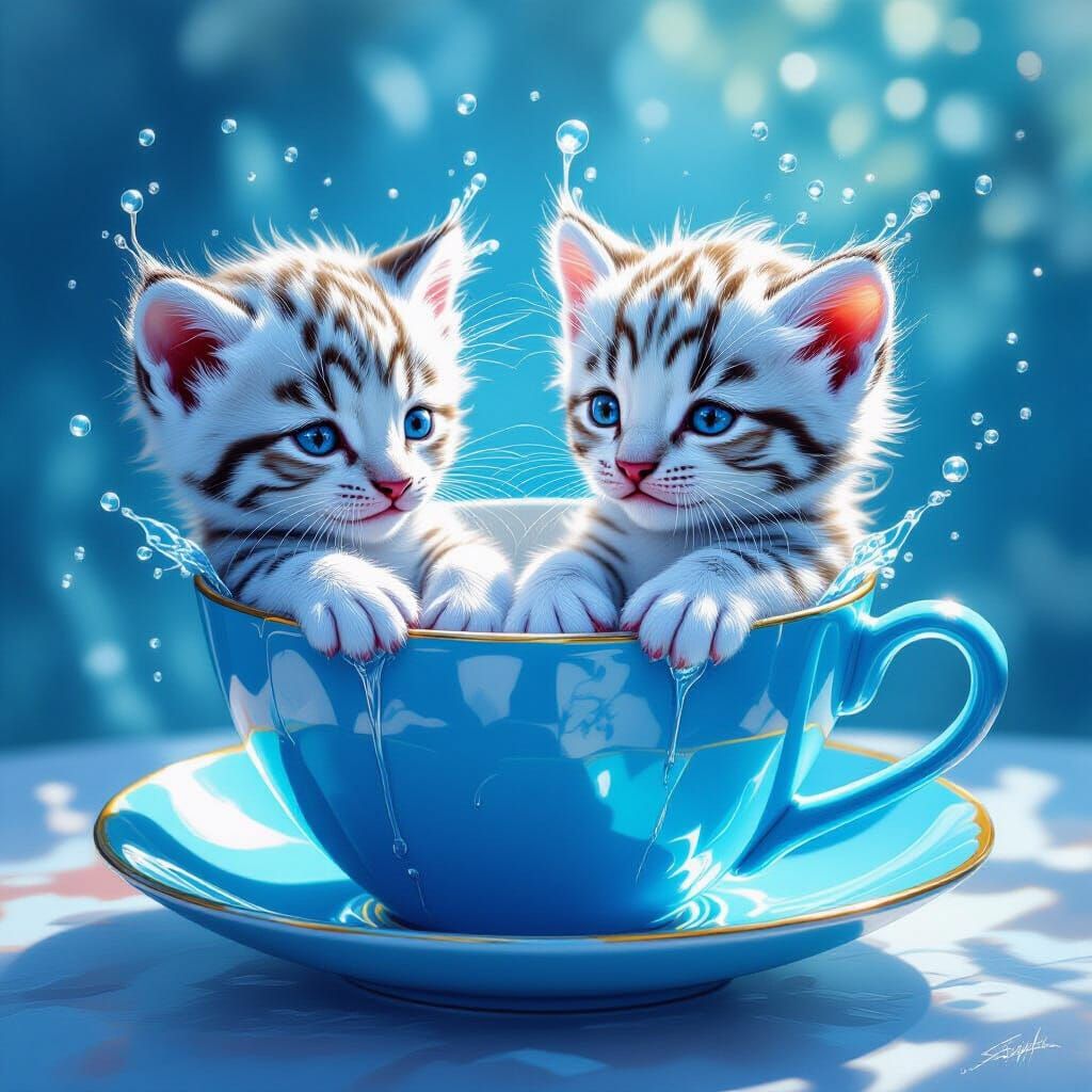 Surreal Kittens in Teacups, Hyperrealistic Splash Art