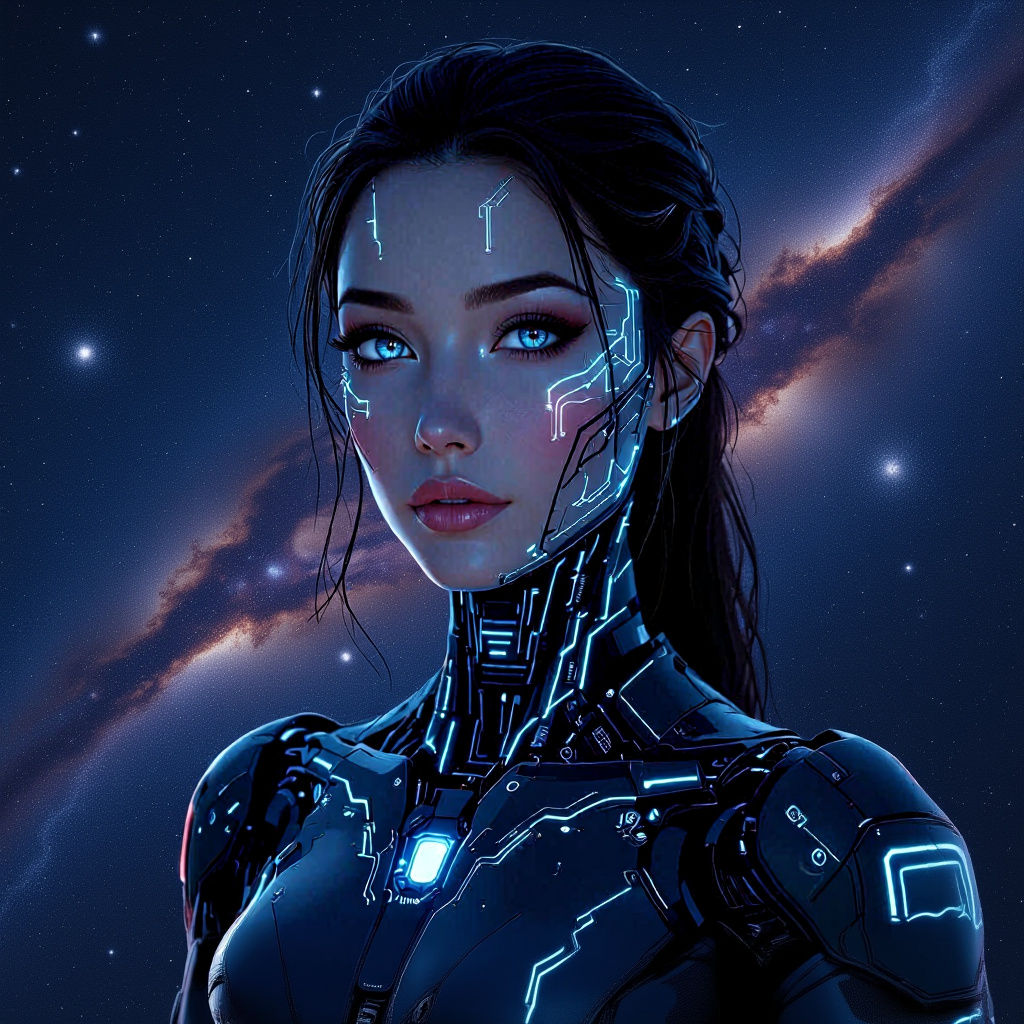 Glowing Android Woman with Porcelain Skin and Circuits