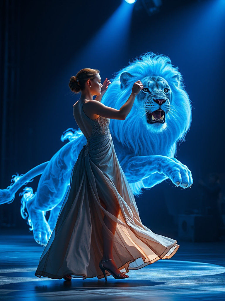 Ethereal Waltz: Woman Dances with a Fiery Lion