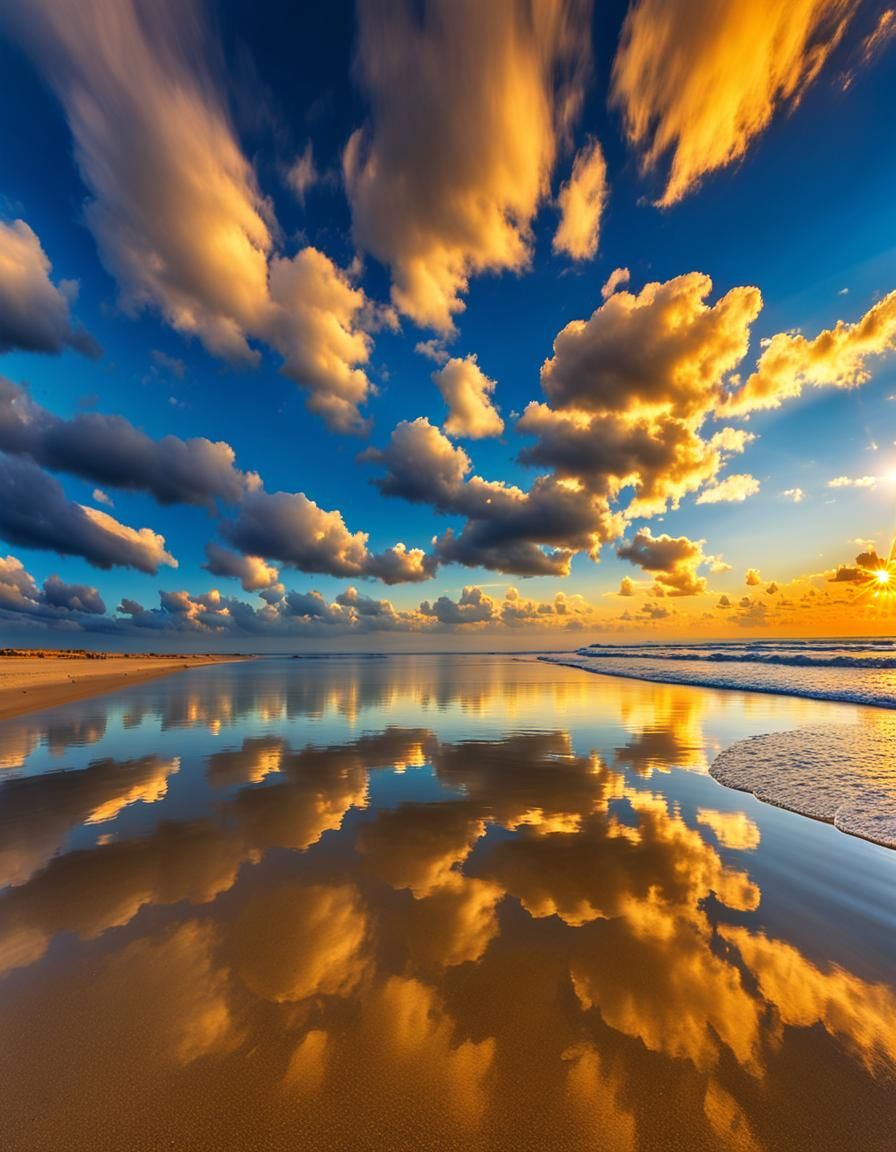 Beautiful blue sky clouds bright sunshine, golden sunset, golden clouds, beautiful sunset shining on the Golden Beach li...