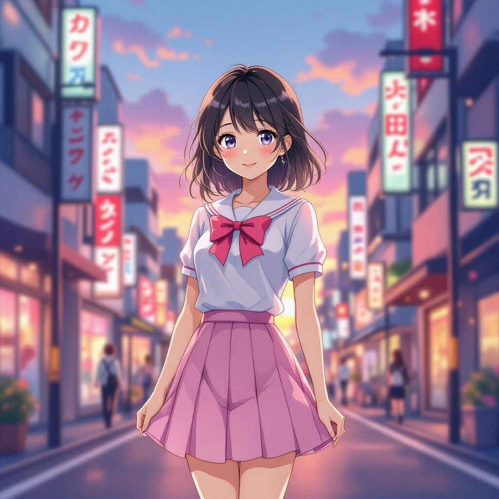 Anime Girl in Tokyo Street, Digital Art