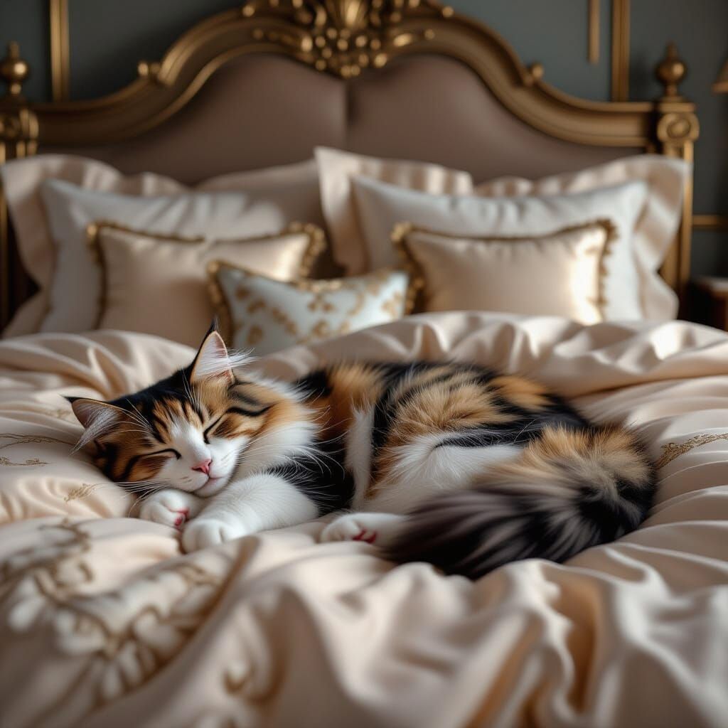 Fluffy Calico Cat Sleeps on Luxurious Human Bed
