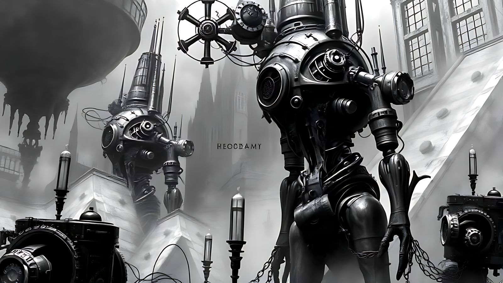 Medium shot. Surreal dream. Steampunk automatons.