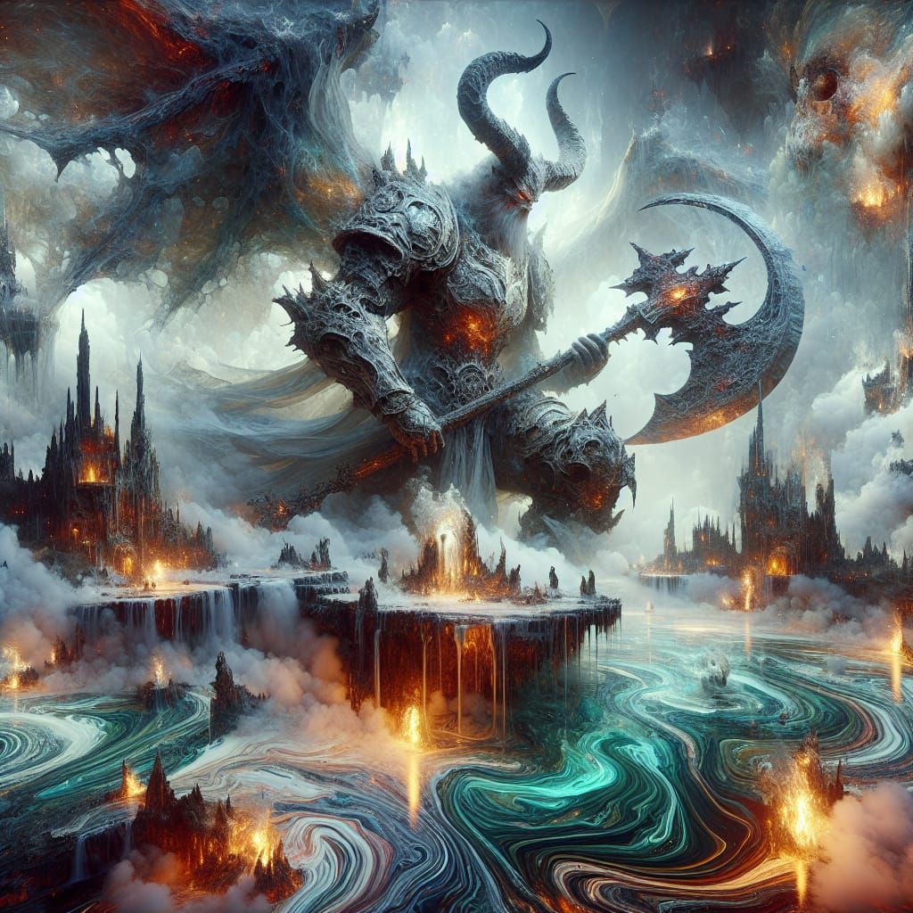 Hero Battles Demon Beast on Floating Island in Fantasy Style