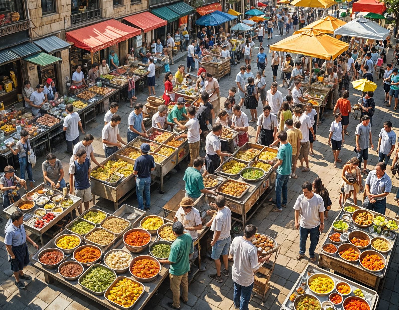 Vibrant Street Food Plaza in Splash Art Style