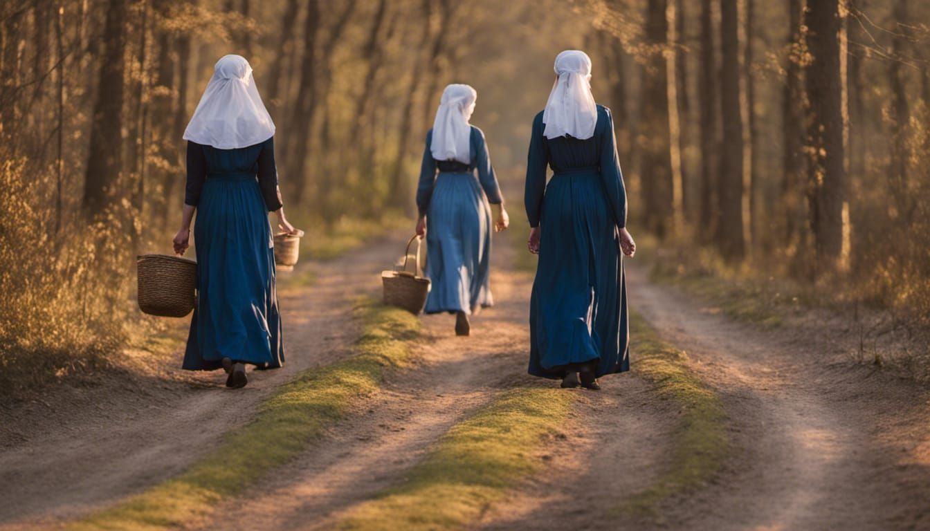 Amish Woman Walking in Woods at Sunset