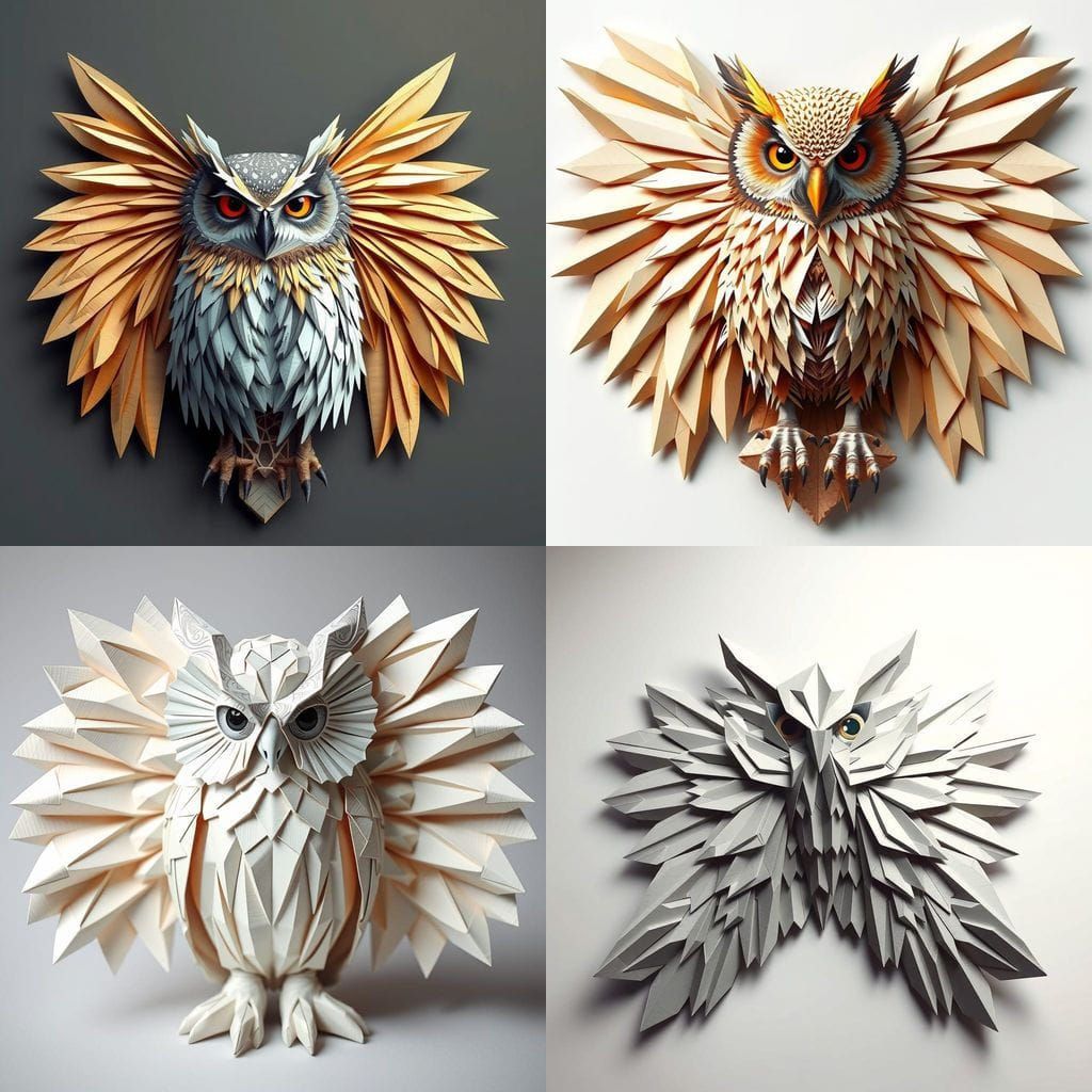 Angular Owl with Geometric Feathers in Hyper-Realistic Paper...