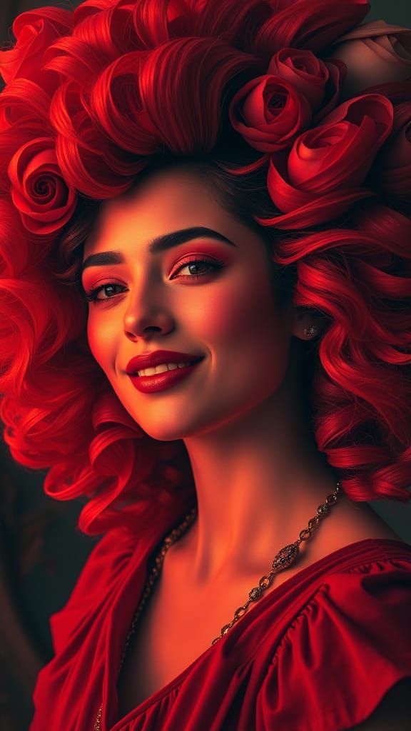 Emotional Red Portrait of Woman with Surreal Hair