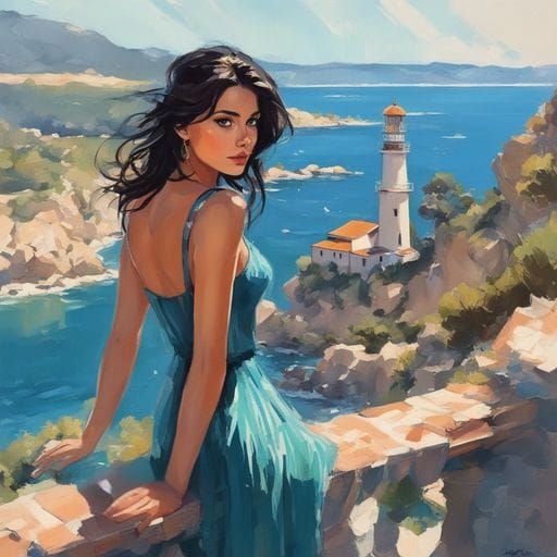 French Girl Portrait in Lighthouse, Splash Art Style