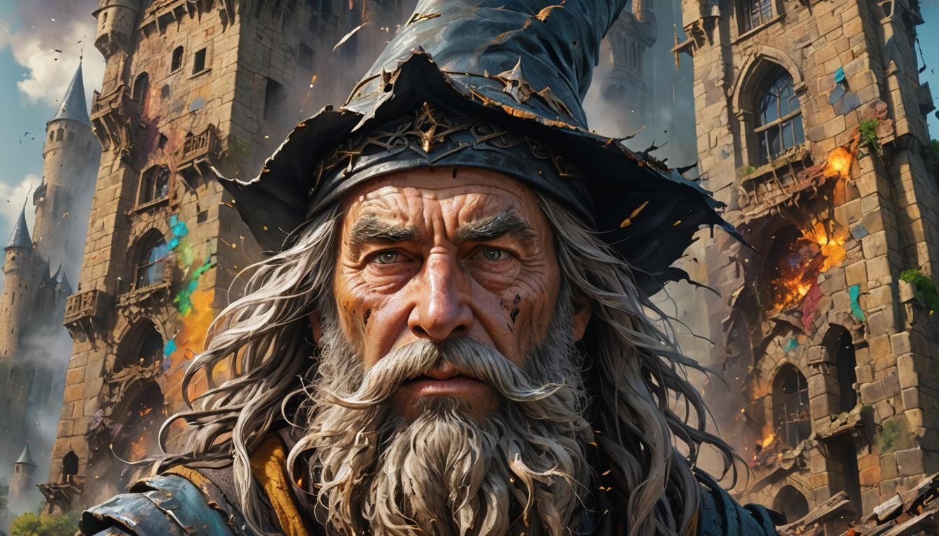 Surprised Wizard in Destroyed Tower: Hyperrealistic Concept ...
