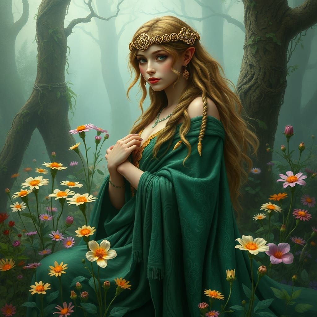 Celtic Goddess in Whimsical Forest, Fantasy Art