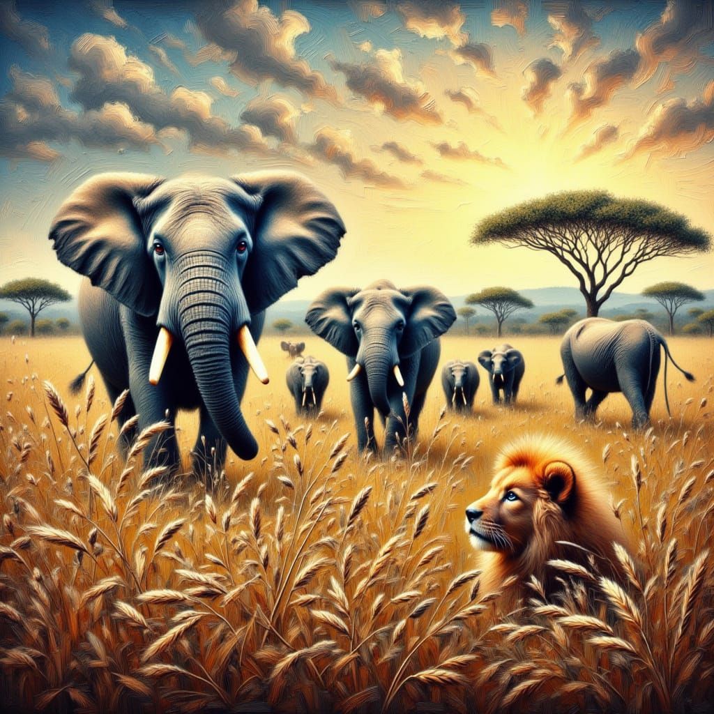 African Savannah Oil Painting with Majestic Wildlife