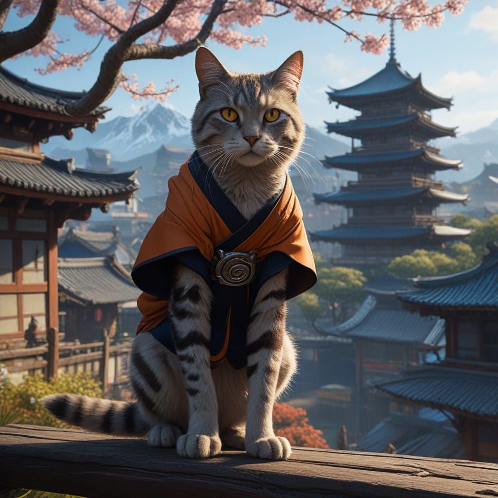 Epic Anime-Style Ninja Cat Conquers Misty Japanese Village