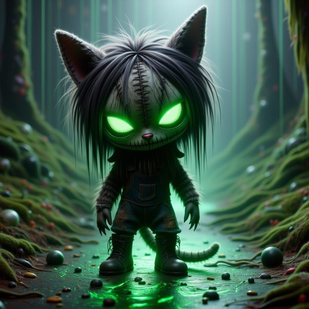 Whimsical Ninja Cheshire Cat in Dark Rainforest Scene