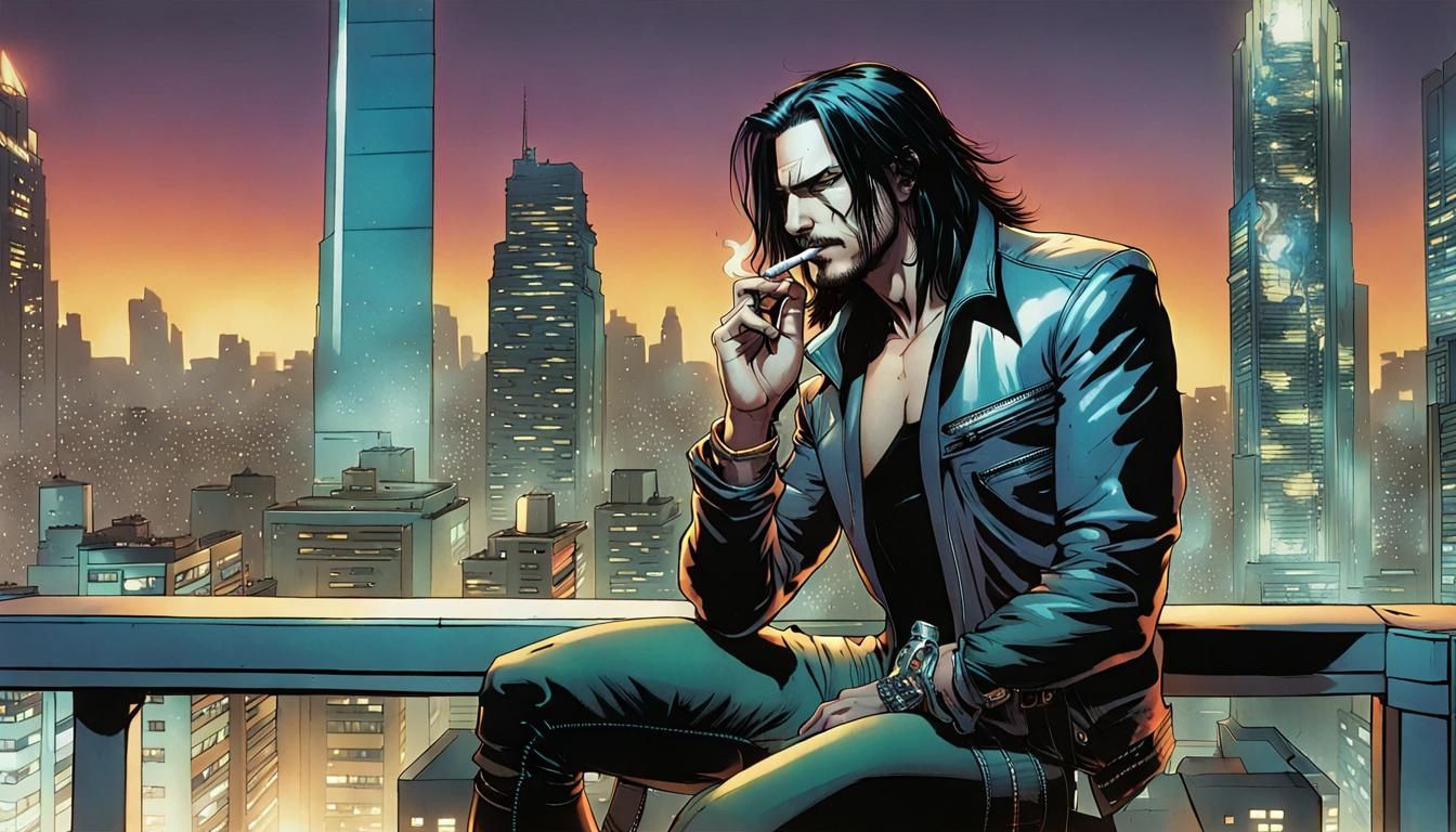 Cyberpunk Terrace Scene in Comic Book Style