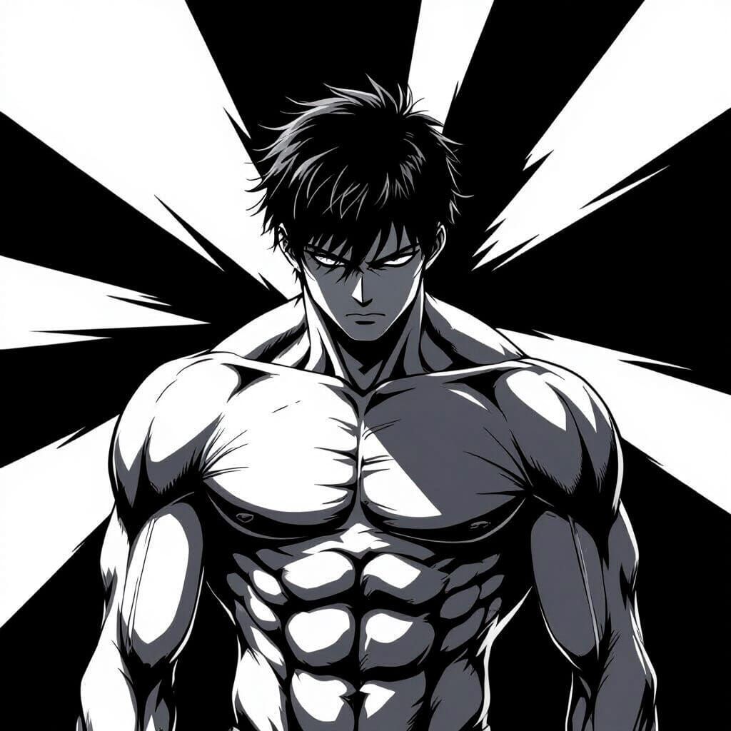 Anime Man with Muscular Body in Black and White Manga Style