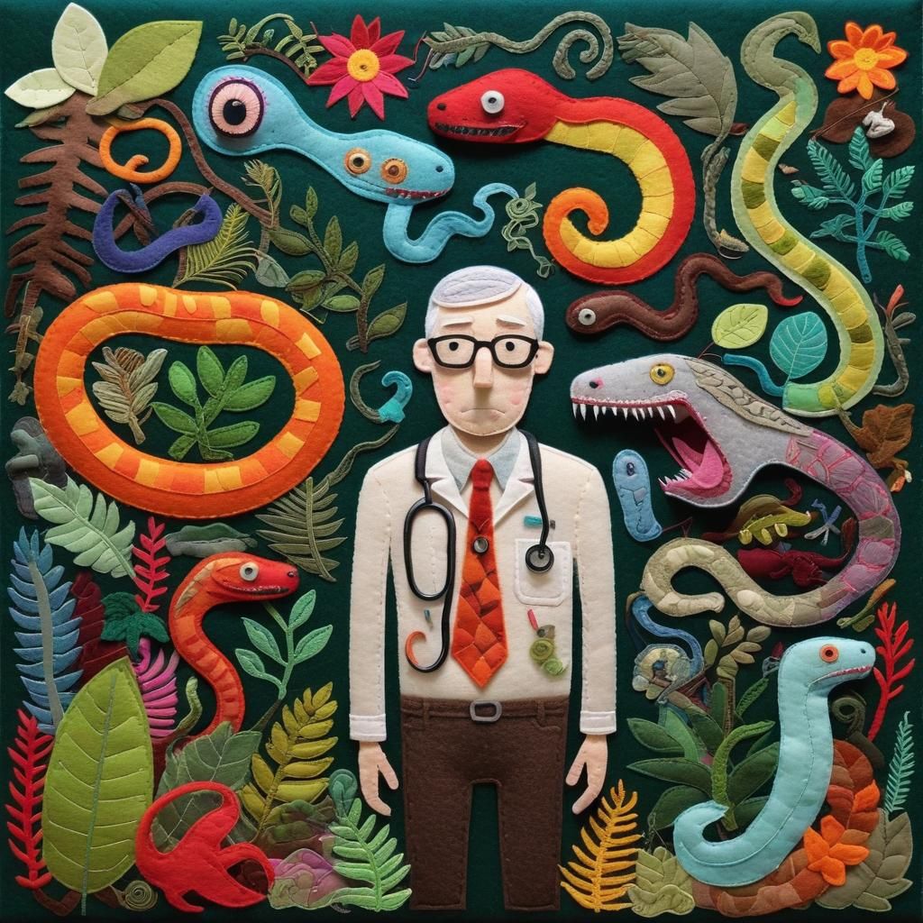 Scared Biologist and Serpent in Felt Applique Style