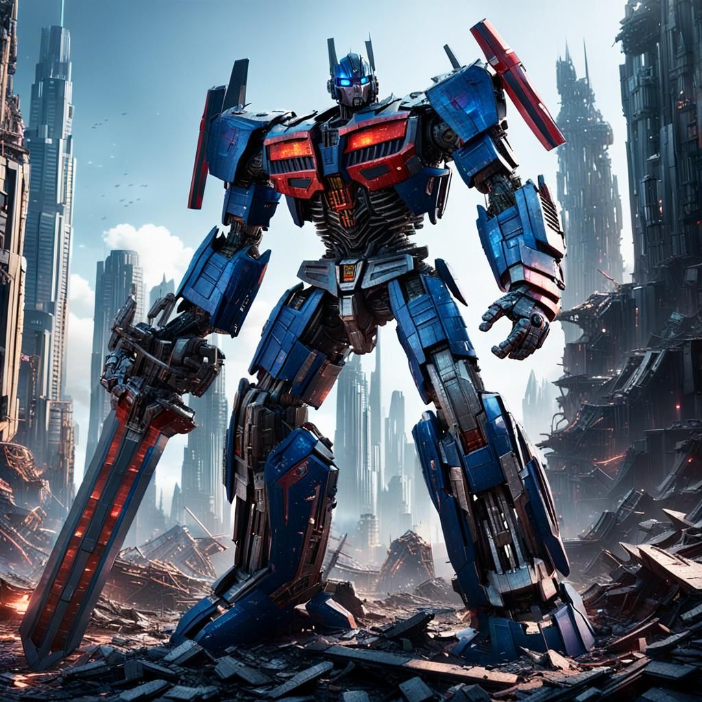 Optimus Prime in Destroyed City: Sci-Fi Render